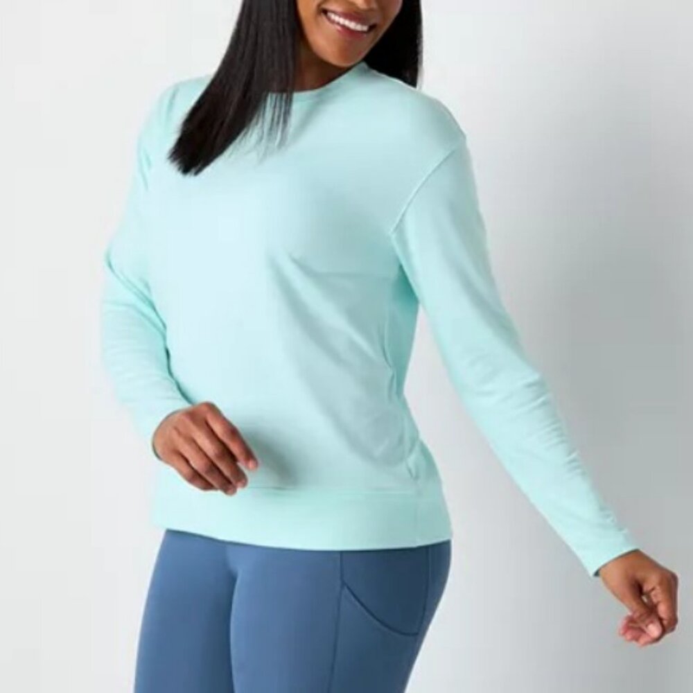 Xersion Womens Soft French Terry Crew Neck Long Sleeve Sweatshirt - Aqua Sz XL